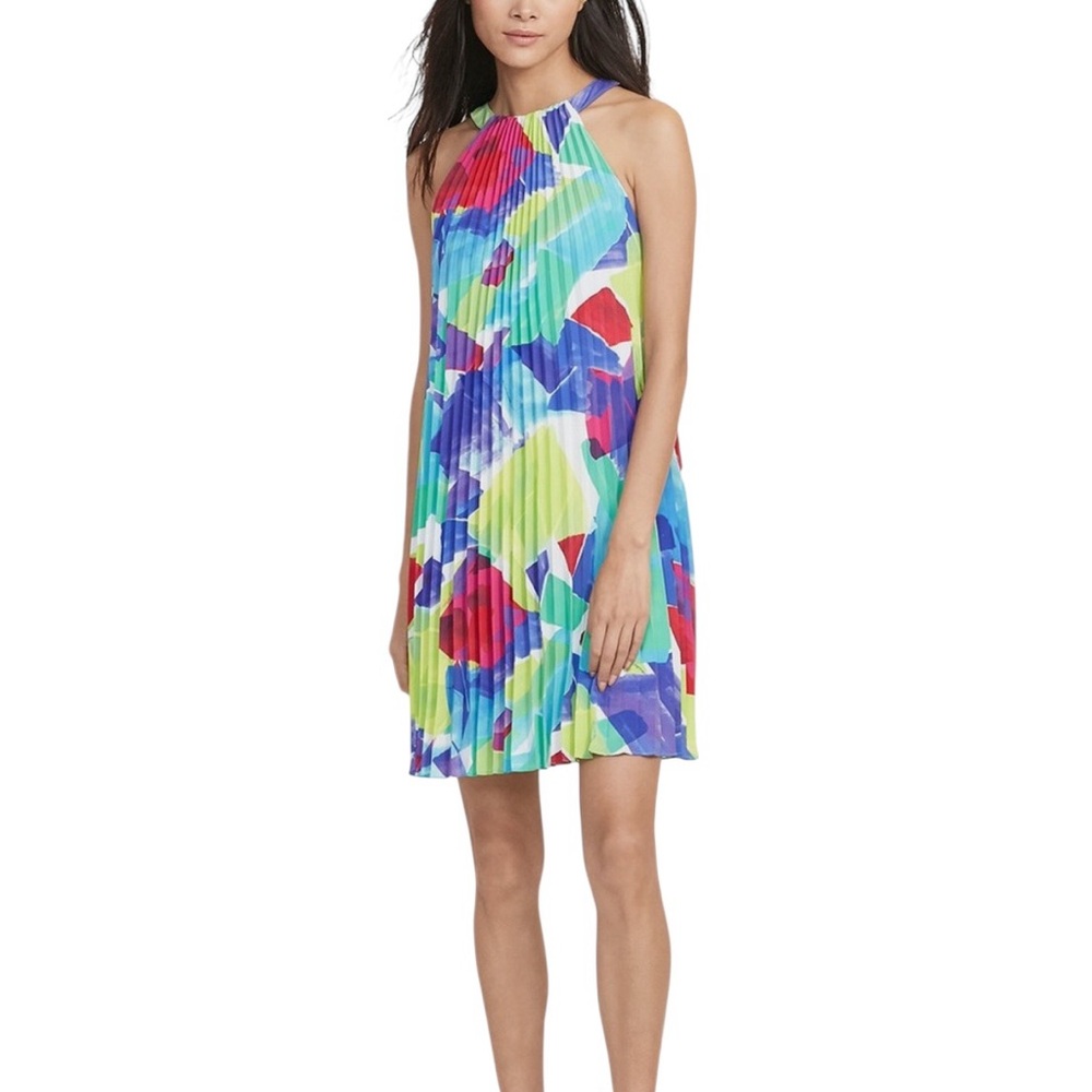 Lauren Ralph Lauren Abstract Pleated Halter Dress - Pink/Blue/Green - Size 6